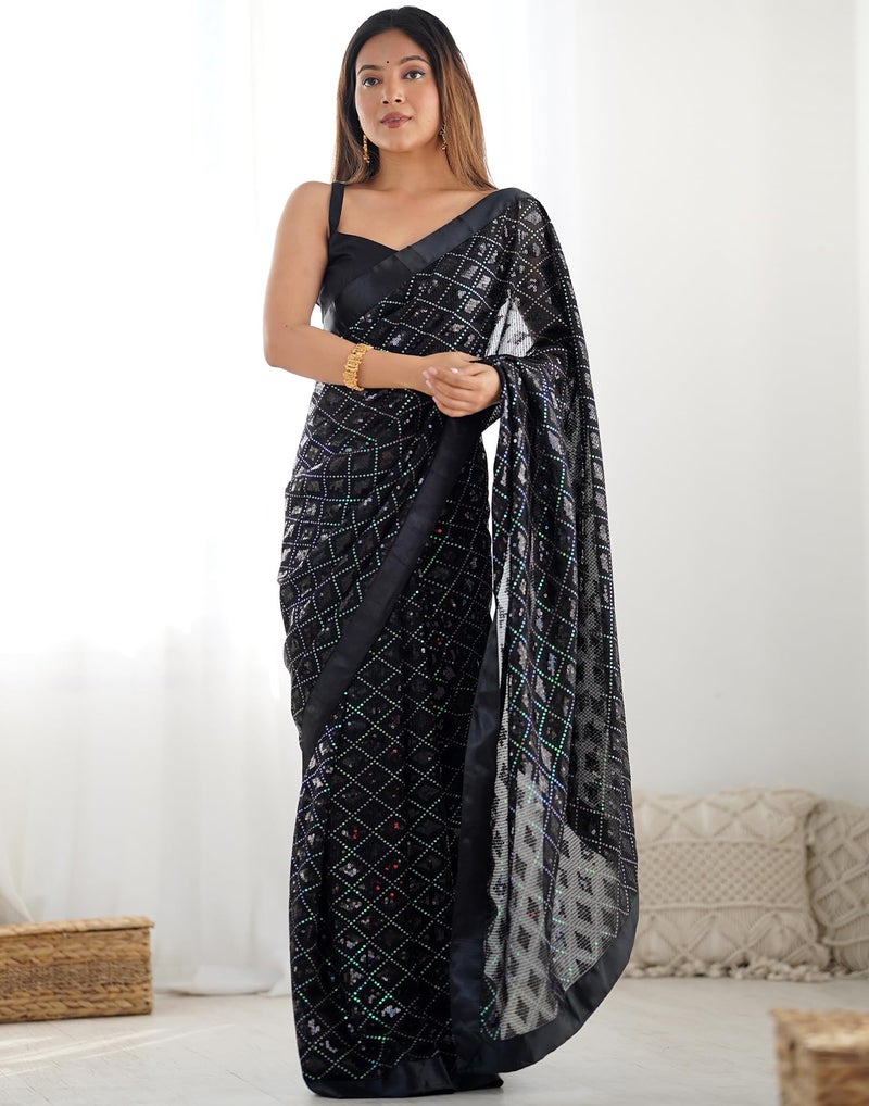 SIRIL Women's Georgette Sequence Saree With Unstitched Blouse Piece for Wedding and Parties (4136S158_Black) - Image 4