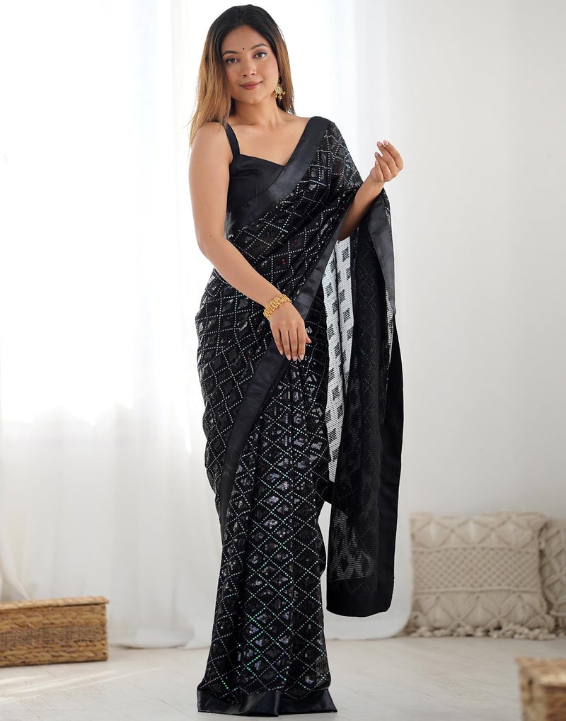 SIRIL Women's Georgette Sequence Saree With Unstitched Blouse Piece for Wedding and Parties (4136S158_Black) - Image 3
