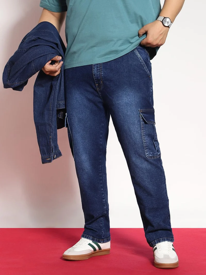 Urbano Plus Men's Dark Blue Regular Fit Washed Cargo Jeans with 6 Pockets Stretchable
