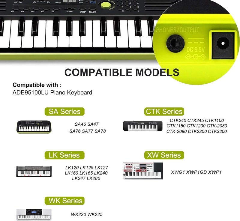 Foxmicro محول طاقة AC/DC بجهد 9.5 فولت لكابل الطاقة للبيانو الموسيقي متوافق مع CTK-2500 و CTK-2400 و CTK-2550 و CTK1100 و LK127 و LK160 و LK165 و LK-170 و LK175 و LK190 و LK240 و LK247 و LK260 و LK265 و LK280 - Image 1