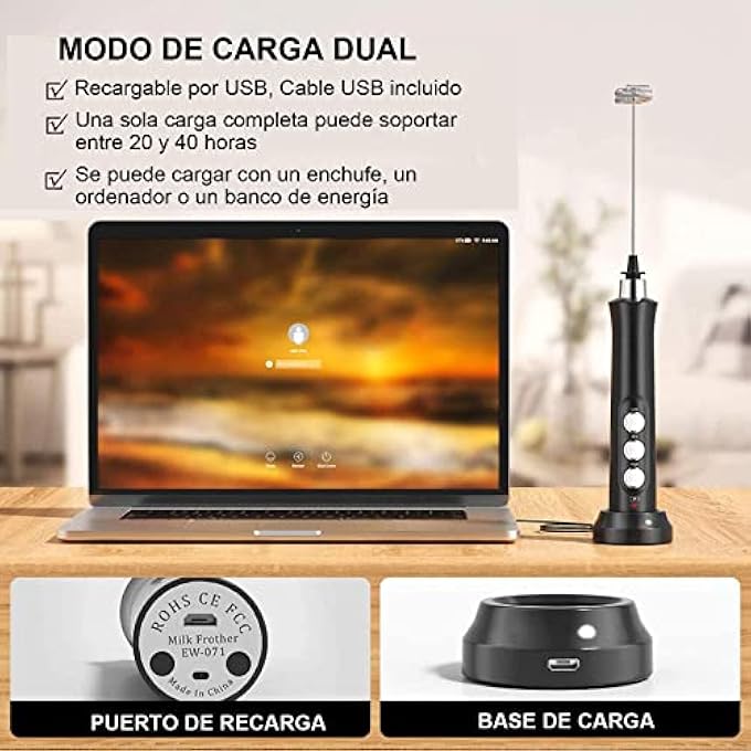 ريحني خلاط حليب صغير قابل لإعادة الشحن عبر USB، خفاقة رغوة للقهوة، 3 سرعات قابلة للتعديل مع 3 خفاقات من الفولاذ المقاوم للصدأ لتحضير لاتيه وكابتشينو وقهوة وشوكولاتة ساخنة M - Image 3