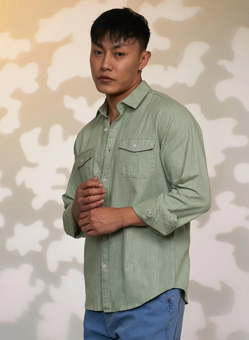 Campus Sutra Men's Olive Green Solid Utility Shirt