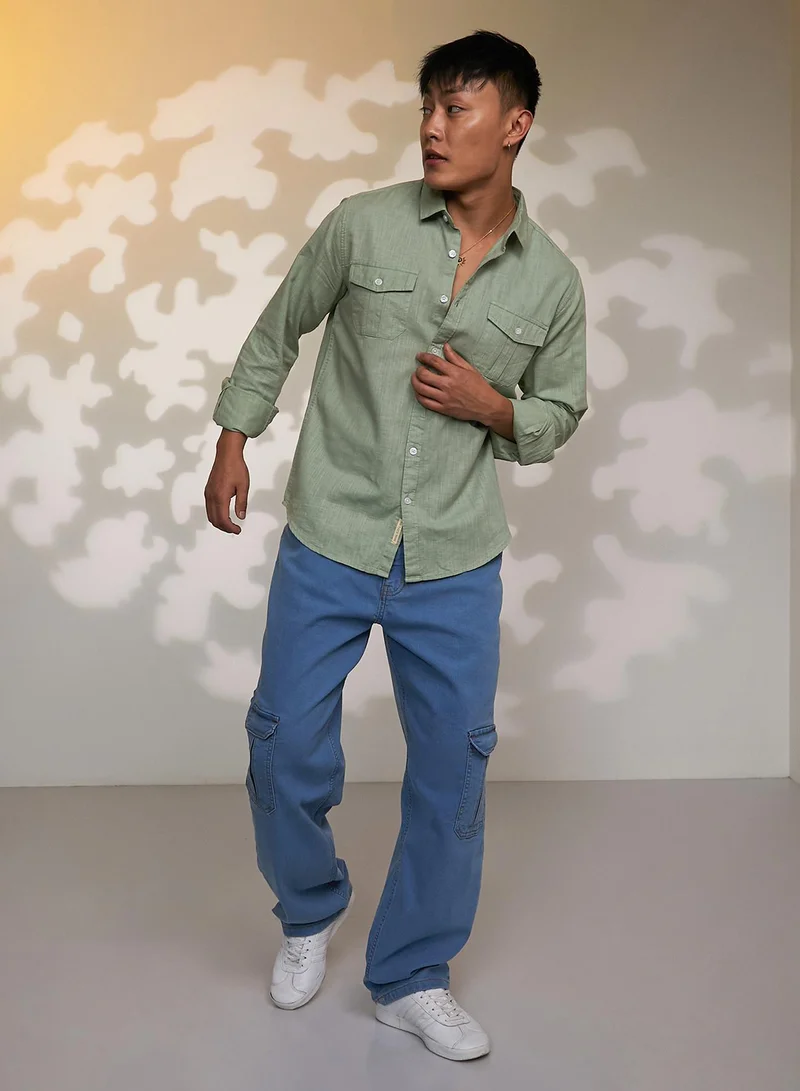 Campus Sutra Men's Olive Green Solid Utility Shirt