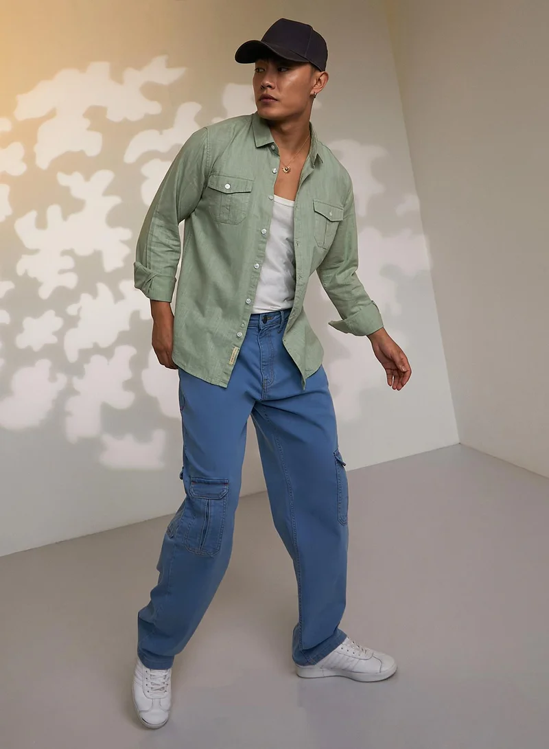 Campus Sutra Men's Olive Green Solid Utility Shirt