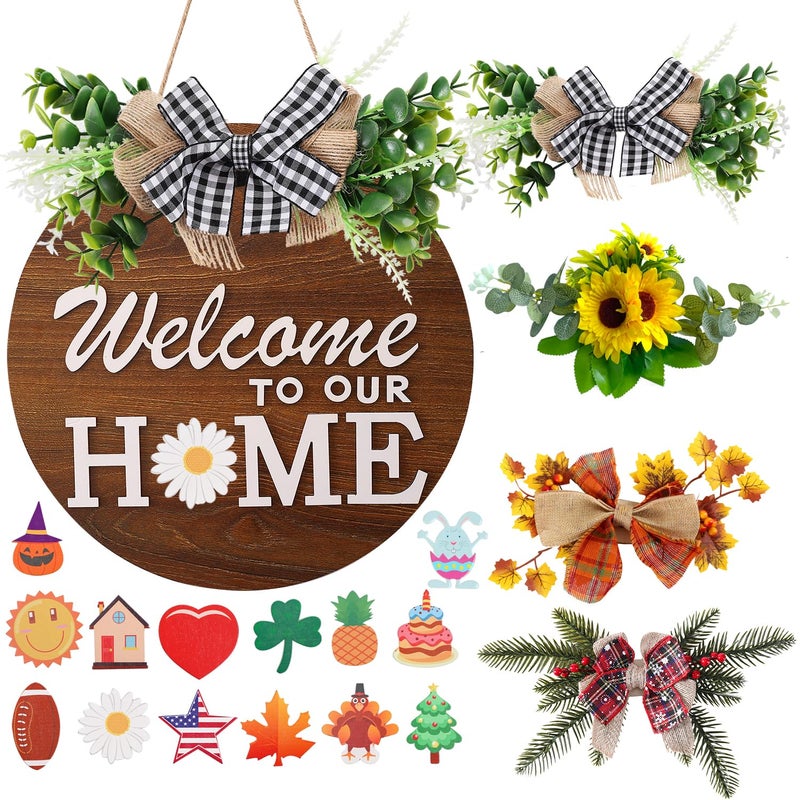 HOMCDALY Interchangeable Welcome Sign for Front Door with 4 Seasonal Wreaths and 14 Changeable Icons, Farmhouse Front Door Signs, Door Decoration Porch Decor, Seasonal Wooden Home Sign home dÃ©cor (6wood) - Image 1