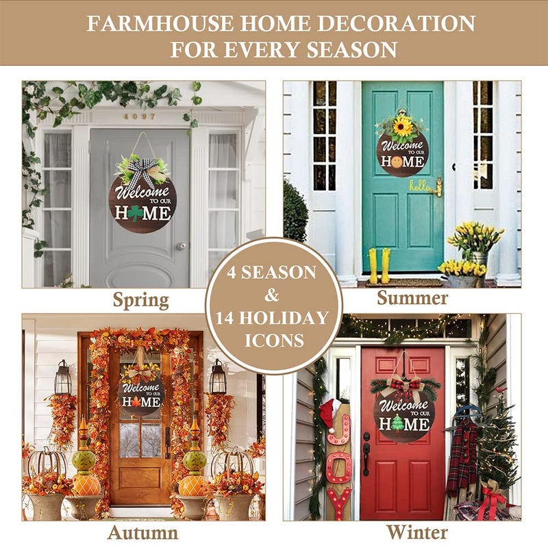 HOMCDALY Interchangeable Welcome Sign for Front Door with 4 Seasonal Wreaths and 14 Changeable Icons, Farmhouse Front Door Signs, Door Decoration Porch Decor, Seasonal Wooden Home Sign home dÃ©cor (6wood) - Image 2