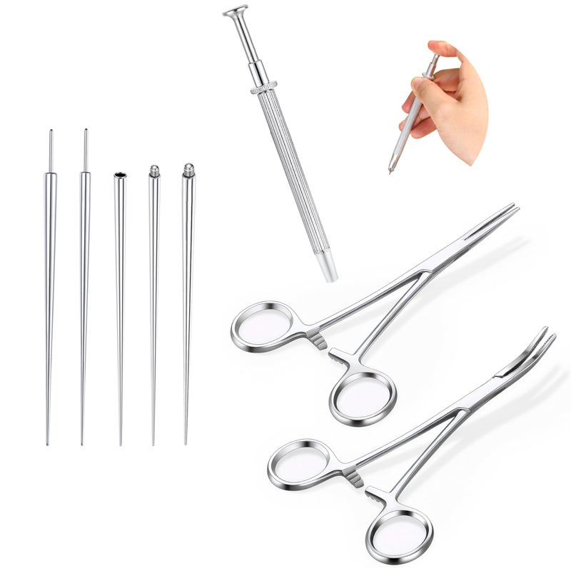 GEMQUEEN Piercing Taper Pliers Ball Grabber Tool for Changing Jewelry - Curved and Straight Forceps Stainless Steel Flat Back Earrings Insertion Tool Threadless Body Piercing Kit for Ear Nose Lip 8pcs - Image 1