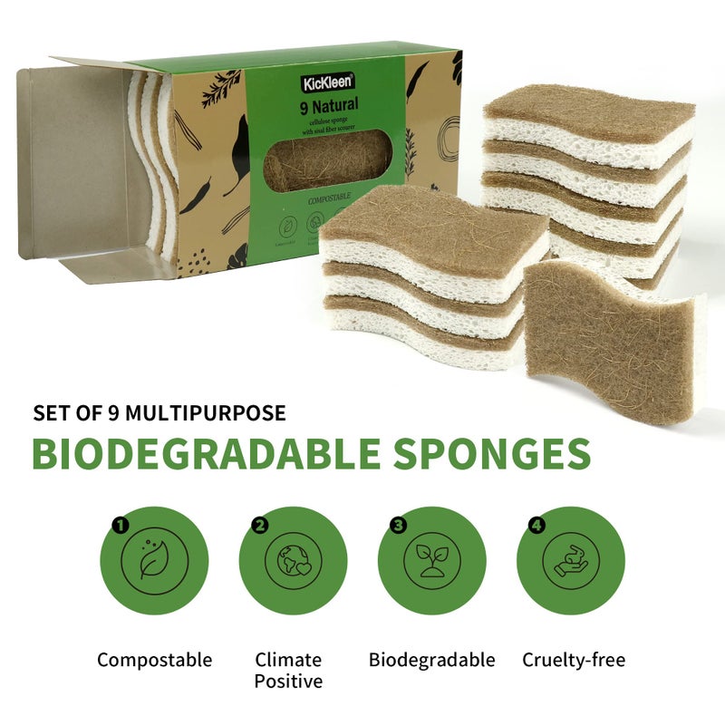 KICKLEEN 9 Pack Biodegradable Natural Kitchen Sponge - Compostable Cellulose and Coconut Walnut Scrubber Sponge - Eco Friendly Sustainable Sponges for Dishes - Image 2