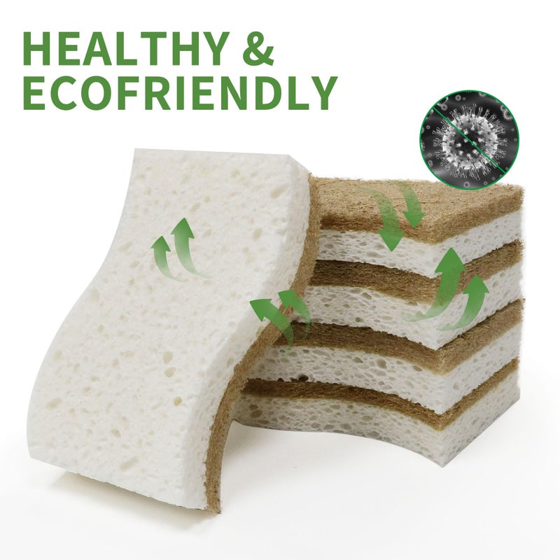 KICKLEEN 9 Pack Biodegradable Natural Kitchen Sponge - Compostable Cellulose and Coconut Walnut Scrubber Sponge - Eco Friendly Sustainable Sponges for Dishes - Image 4