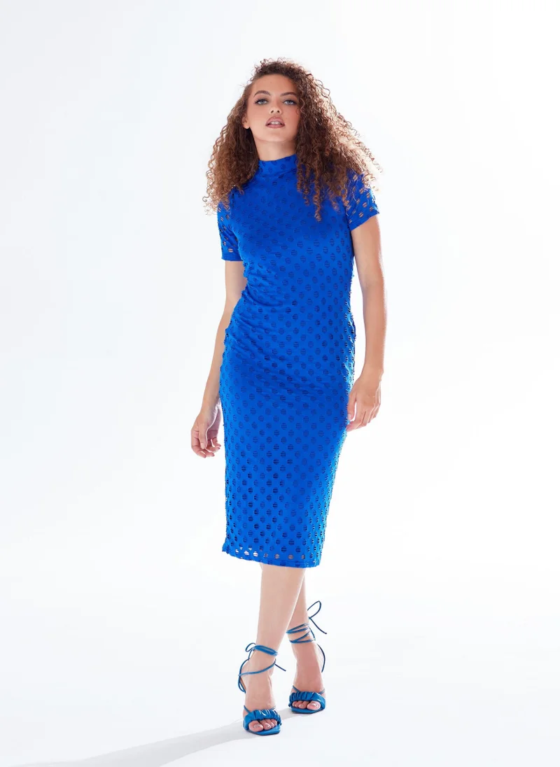Liquorish Midi Dress with High Neck in Blue
