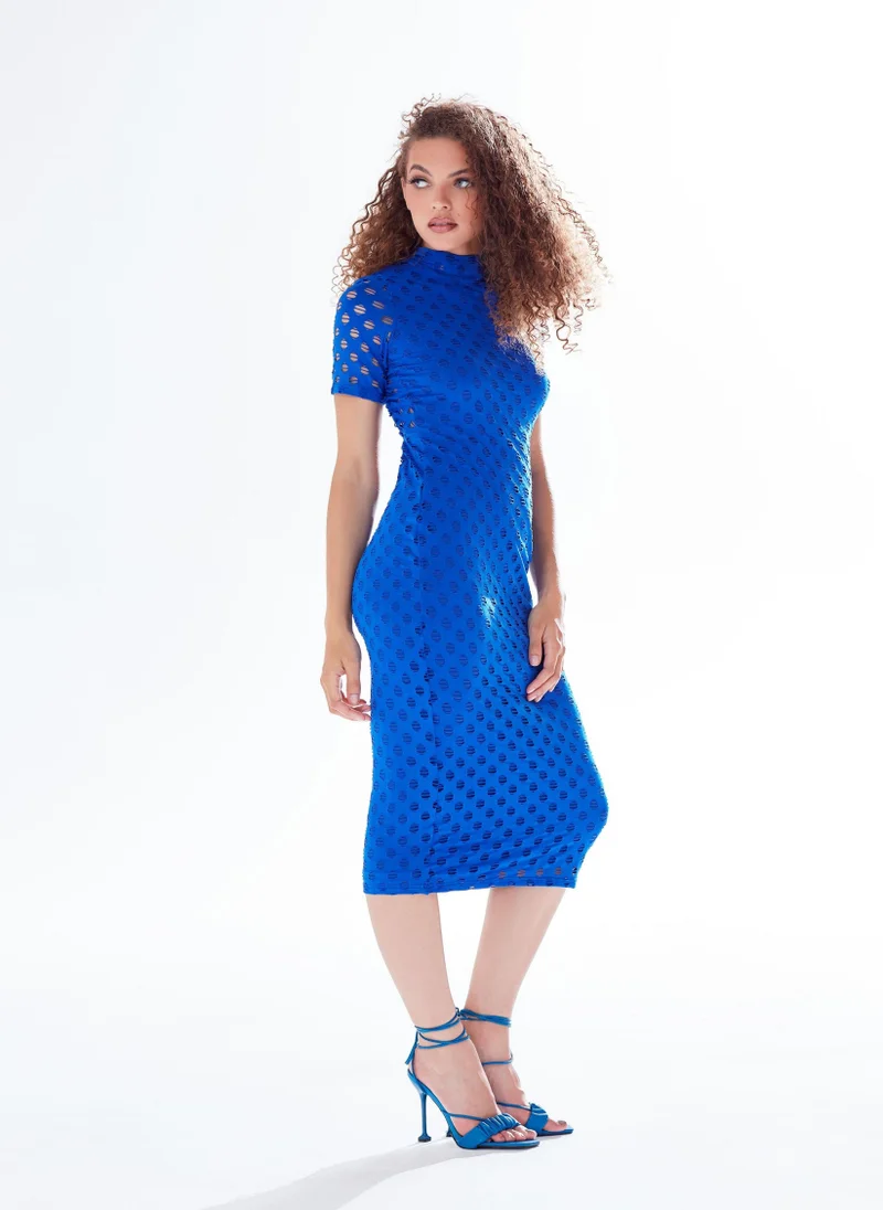 Liquorish Midi Dress with High Neck in Blue