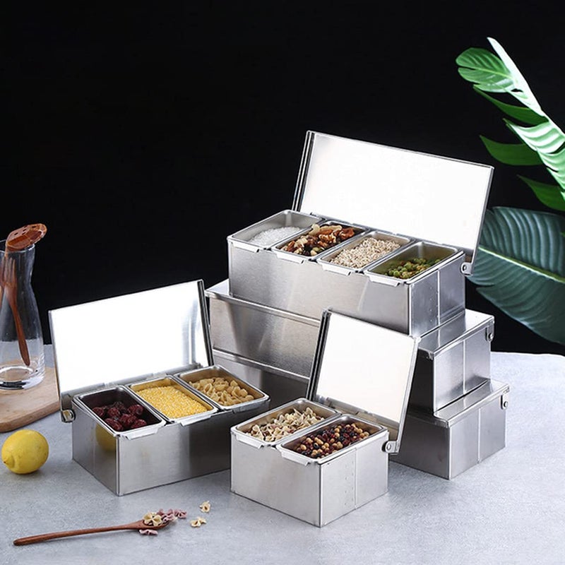 Four Grid Stainless Steel Seasoning Containers Set With Cover Kitchen Storage Rack - Image 3