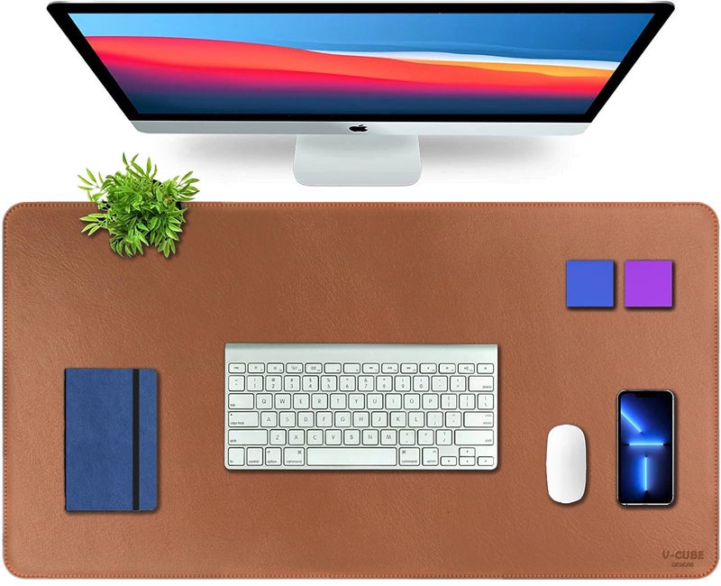 V-CUBE Designs Premium Vegan Leather Desk Mat 90X45cm 2.4mm Thick&Padded|Laptop Mat/Extended Mouse Pad/Stitched, Reversible, Sturdy Deskspread with High Tear/Peel Strength|Anti-Slip,Splash-Proof| Tan - Image 1