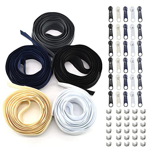 Renashed 3 Nylon Coil Sewing Zippers 5 Colors 136 Yards with 30pcs Zipper Sliders and Zippers Stops for DIY Sewing Tailor Craft Supplies Black White Gray Beige Navy - Image 1