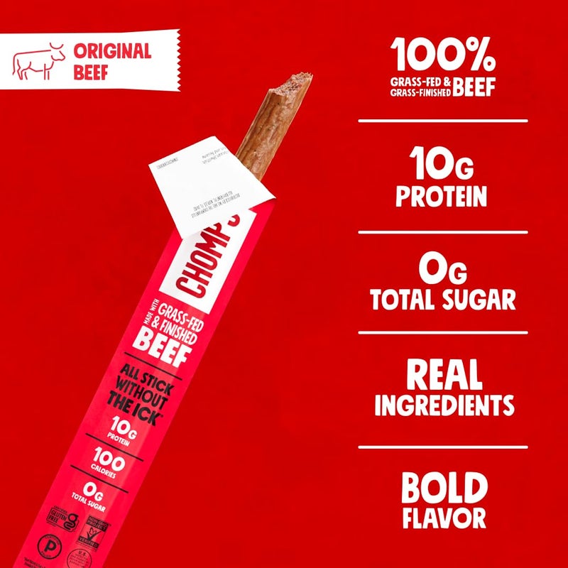 Chomps Grass-Fed and Finished Original Beef Jerky Snack Sticks 10-Pack - Keto, Paleo, Whole30, 10g Lean Meat Protein, Gluten-Free, Zero Sugar Food, Non-GMO - Image 3