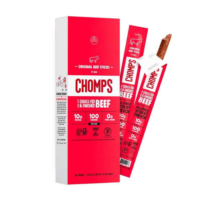 Chomps Grass-Fed and Finished Original Beef Jerky Snack Sticks 10-Pack - Keto, Paleo, Whole30, 10g Lean Meat Protein, Gluten-Free, Zero Sugar Food, Non-GMO - Image 1