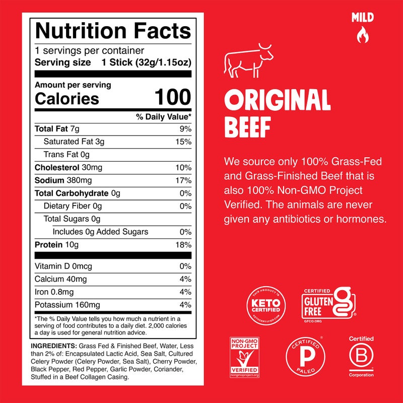Chomps Grass-Fed and Finished Original Beef Jerky Snack Sticks 10-Pack - Keto, Paleo, Whole30, 10g Lean Meat Protein, Gluten-Free, Zero Sugar Food, Non-GMO - Image 2