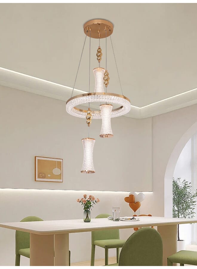 بيست باور ثريا سقف LED عصرية موديل 9885 – بقوة 40 واط، قطر 40 سم، معلّقة بارتفاع قابل للتعديل حتى 100 سم – تصميم أنيق ذهبي وكريستالي - Image 1