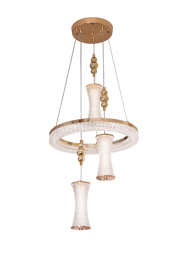 بيست باور ثريا سقف LED عصرية موديل 9885 – بقوة 40 واط، قطر 40 سم، معلّقة بارتفاع قابل للتعديل حتى 100 سم – تصميم أنيق ذهبي وكريستالي - Image 2