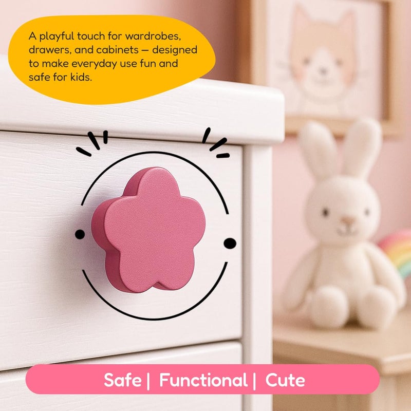 FLY FROG Kids Wooden Cabinet Knobs – Cute Rabbit Shape Doors, Drawer & Wardrobe Pull Handles for Kids Room, Nursery Furniture & Home Décor (Pack of 2) (Pink Flower) - Image 3