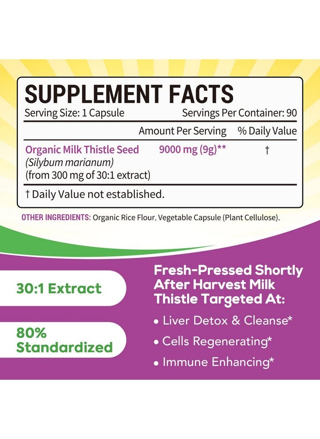 Surebounty - Organic Milk Thistle 9000 Mg Equivalent 30X Concentrated Seed Extract With 80% Silymarin Liver Cleanse Detox For Men + Women Once Daily 90 Veggie Caps - Image 1