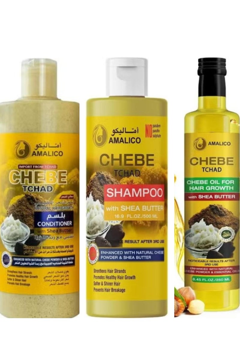 Set 3 Pcs African Chebe Powder Shampoo 500 ml + Conditioner 500 ml + Hair Growth Oil 250 ml for Hair Growth with Shea Butter Ready to Use Sweet Almond, Palm, Olive Oil Deep Scalp Nourishment Sulphate Free