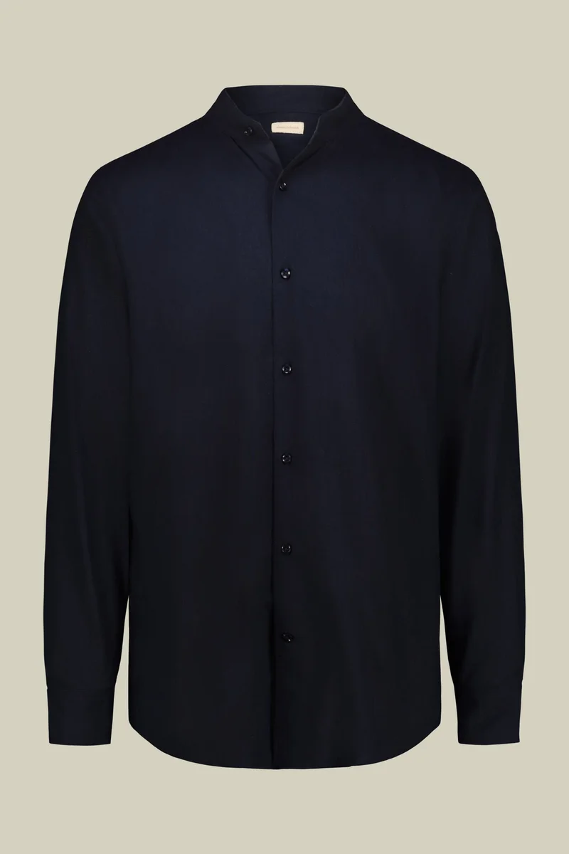 Casual men's shirt with mandarin collar and half button fastening, washed linen and cotton fabric - Dk Blue