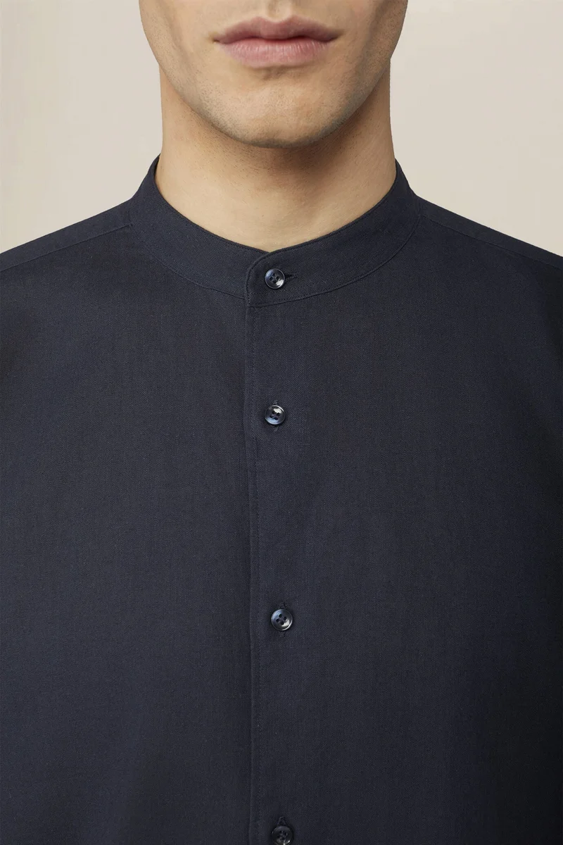 Doppelganger Blue Casual men's shirt with mandarin collar and half button fastening, washed linen and cotton fabric - DK Blue for Men | Best Price UAE