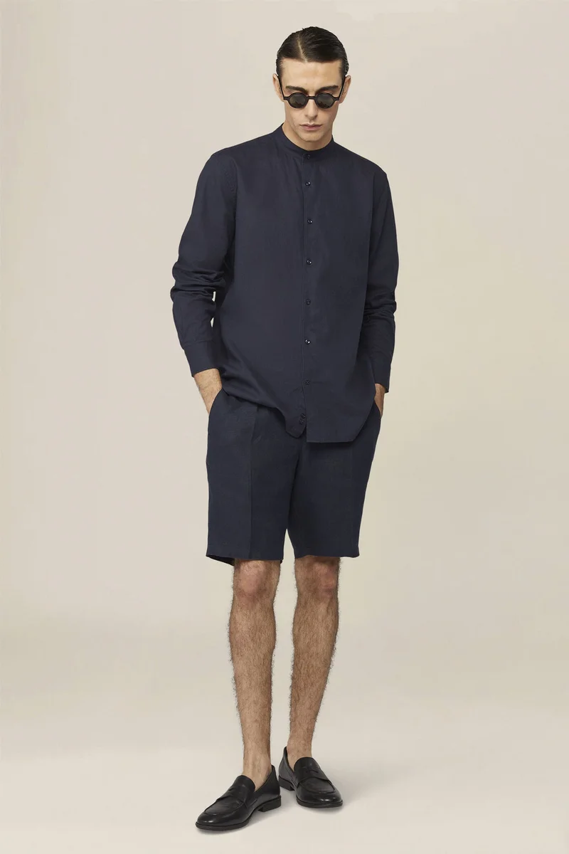 Casual men's shirt with mandarin collar and half button fastening, washed linen and cotton fabric - DK Blue