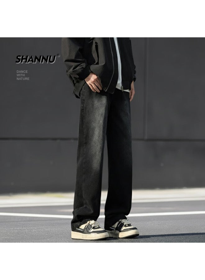 Shannu Black Jeans For Men, Spring And Autumn Style, Loose Straight-leg American High Street Trousers, Faded Black, Size S - Image 2