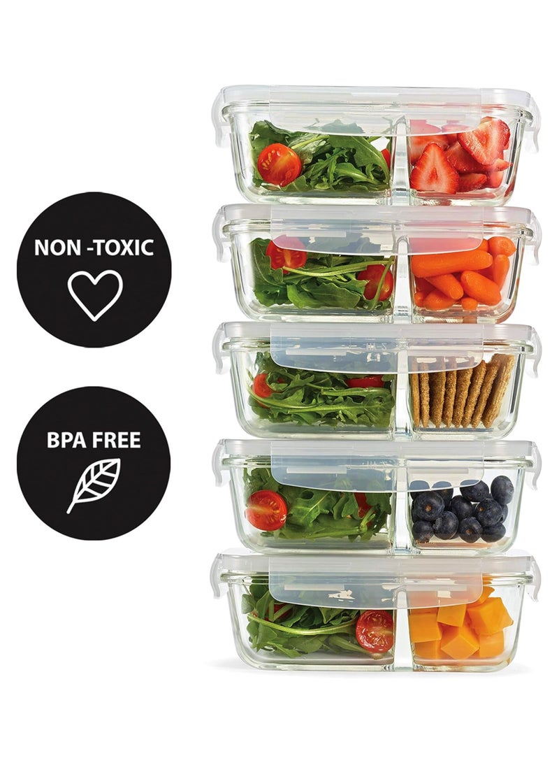 Toshionics Glass Meal Prep Containers Pack of 4 - T114607 (840ml Each) – Airtight Borosilicate Glass Food Storage Containers with Lids, 2 Compartments, Microwave & Oven Safe - Image 2