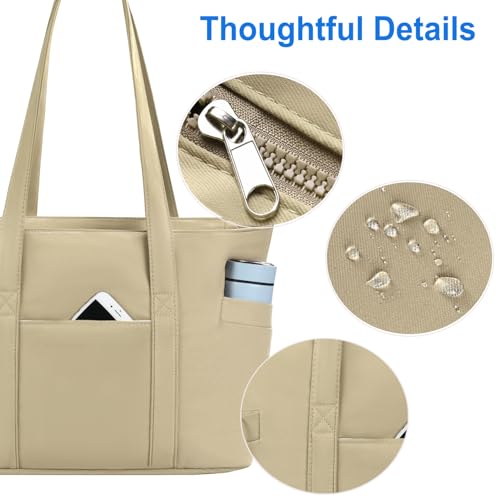 CTWWFS Large Tote Bag for Women, Nylon Lightweight Tote Bag with Zipper, Work Tote with 15.6" Laptop Sleeve, Nurse Teacher Bag for Work & College (Brown) - Image 5