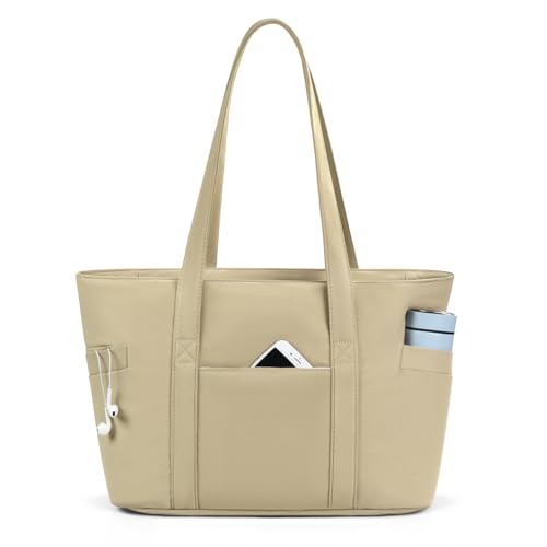 CTWWFS Large Tote Bag for Women, Nylon Lightweight Tote Bag with Zipper, Work Tote with 15.6" Laptop Sleeve, Nurse Teacher Bag for Work & College (Brown) - Image 1