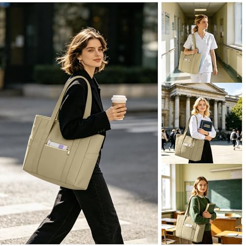 CTWWFS Large Tote Bag for Women, Nylon Lightweight Tote Bag with Zipper, Work Tote with 15.6" Laptop Sleeve, Nurse Teacher Bag for Work & College (Brown) - Image 2