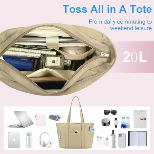 CTWWFS Large Tote Bag for Women, Nylon Lightweight Tote Bag with Zipper, Work Tote with 15.6" Laptop Sleeve, Nurse Teacher Bag for Work & College (Brown) - Image 4