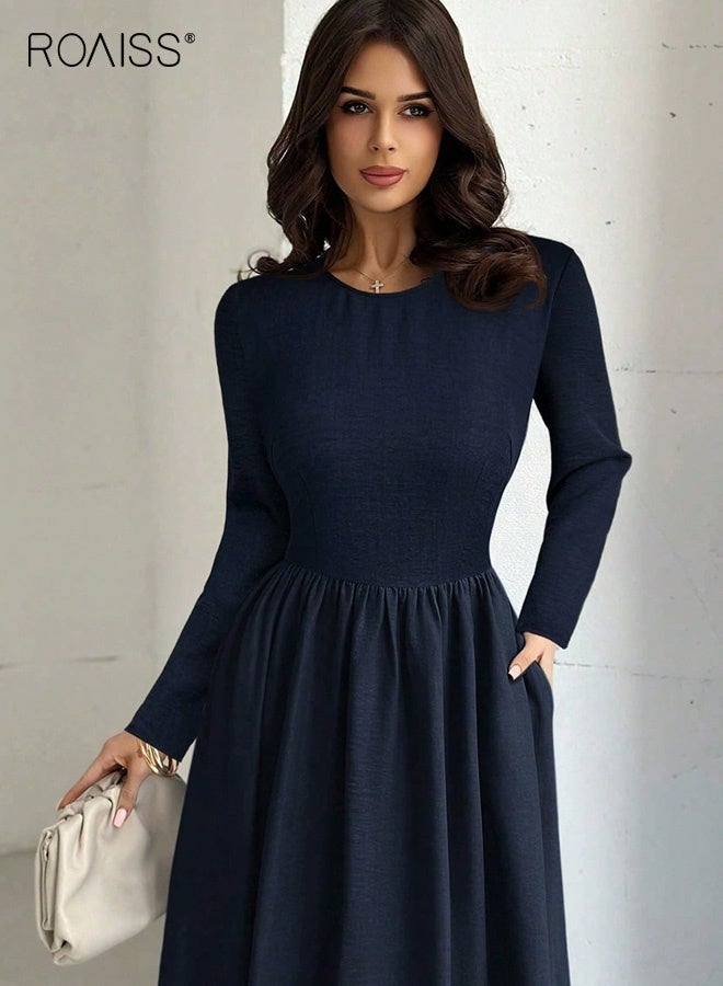 رويس فستان أنيق طويل الأكمام بخصر عالٍ، بتصميم واسع من الأسفل، وياقة دائرية، وتنورة طويلة باللون الأزرق الداكن، مناسب للارتداء اليومي والمناسبات، فستان ماكسي - Image 2