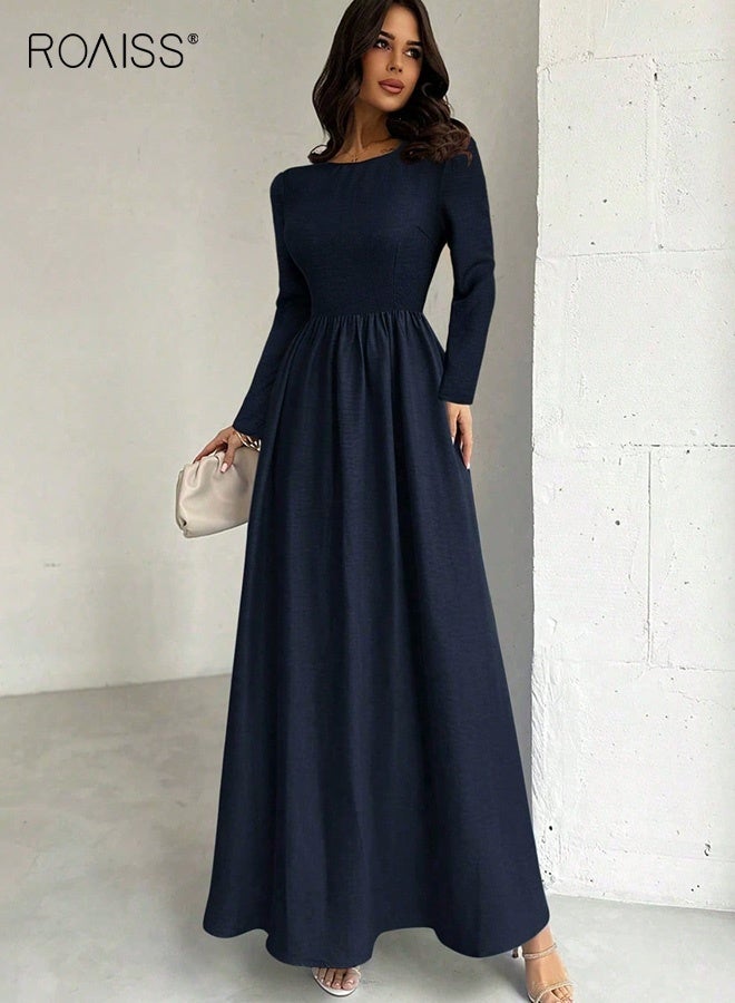 رويس فستان أنيق طويل الأكمام بخصر عالٍ، بتصميم واسع من الأسفل، وياقة دائرية، وتنورة طويلة باللون الأزرق الداكن، مناسب للارتداء اليومي والمناسبات، فستان ماكسي - Image 5