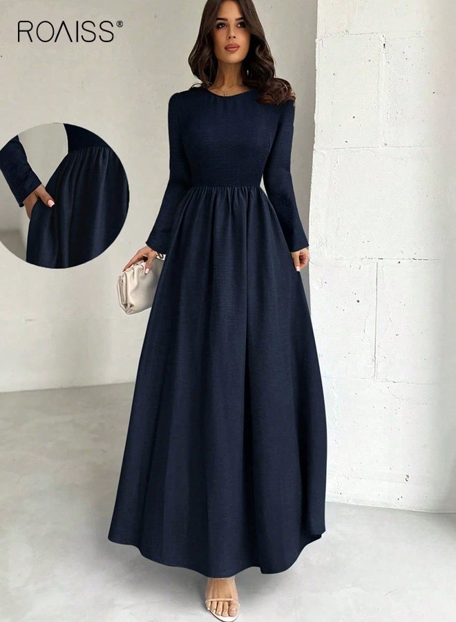 رويس فستان أنيق طويل الأكمام بخصر عالٍ، بتصميم واسع من الأسفل، وياقة دائرية، وتنورة طويلة باللون الأزرق الداكن، مناسب للارتداء اليومي والمناسبات، فستان ماكسي - Image 1