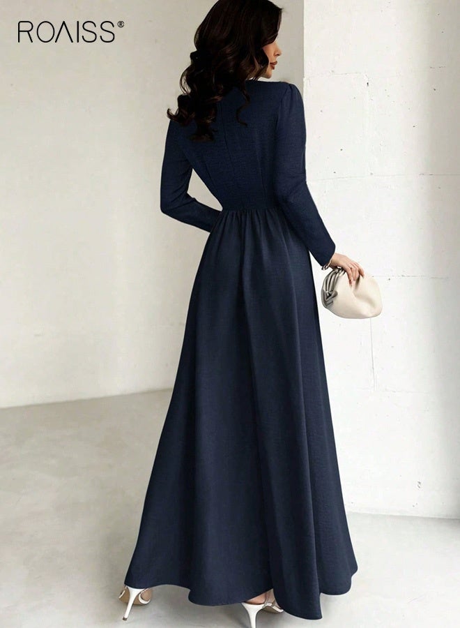 رويس فستان أنيق طويل الأكمام بخصر عالٍ، بتصميم واسع من الأسفل، وياقة دائرية، وتنورة طويلة باللون الأزرق الداكن، مناسب للارتداء اليومي والمناسبات، فستان ماكسي - Image 3
