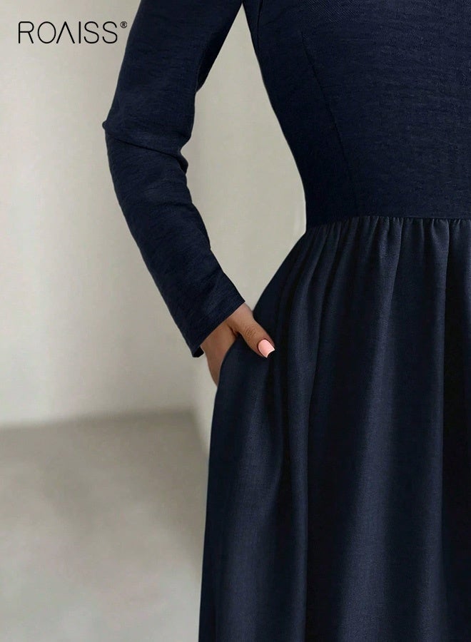 رويس فستان أنيق طويل الأكمام بخصر عالٍ، بتصميم واسع من الأسفل، وياقة دائرية، وتنورة طويلة باللون الأزرق الداكن، مناسب للارتداء اليومي والمناسبات، فستان ماكسي - Image 4