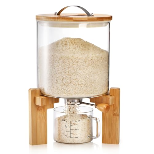 Tlence 5L Glass Rice Dispenser, Cereal Container with Bamboo Stand, Large Airtight Food Storage Bin, Rice Organization Tank with Measuring Cup for Grain Coffee Beans Dry Food - Image 1