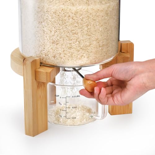 Tlence 5L Glass Rice Dispenser, Cereal Container with Bamboo Stand, Large Airtight Food Storage Bin, Rice Organization Tank with Measuring Cup for Grain Coffee Beans Dry Food - Image 5