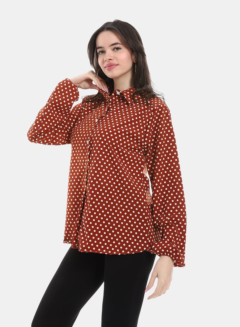 Andora Polka Dot Casual Blosue - Maroon & White - Image 5
