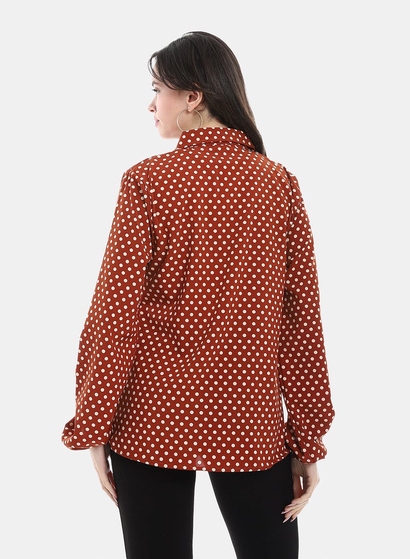 Andora Polka Dot Casual Blosue - Maroon & White - Image 3