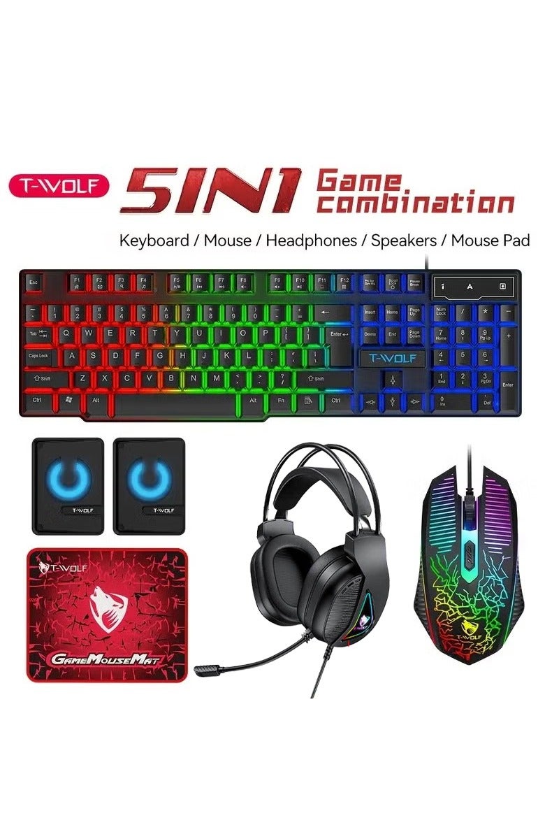 T-WOLF 5in 1 Gaming Combo Keyboard Mouse Headset Speaker Mousepad All in One Set for PC and Laptop Users - Image 1