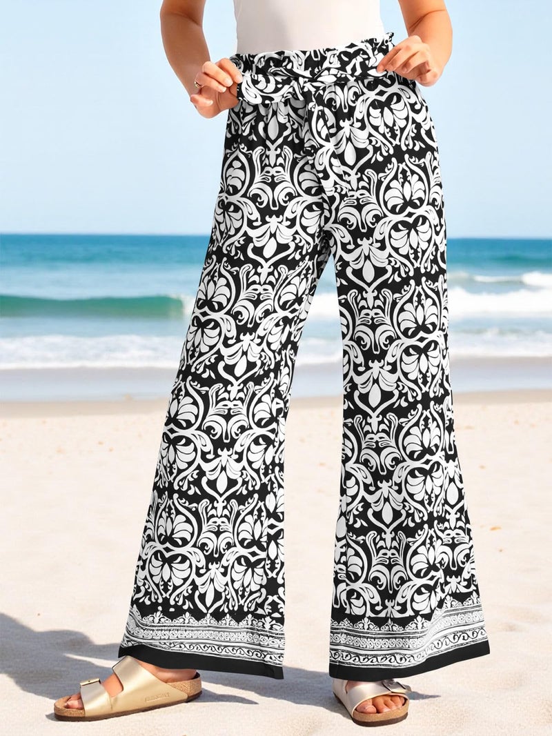 Yousify Wide Leg Boho Pants for Women High Waisted Printed Palazzo Pants Casual Flowy Tie Knot Vacation Trousers with Pockets Black - Image 2