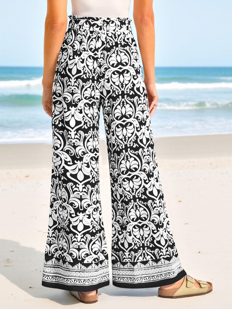 Yousify Wide Leg Boho Pants for Women High Waisted Printed Palazzo Pants Casual Flowy Tie Knot Vacation Trousers with Pockets Black - Image 3