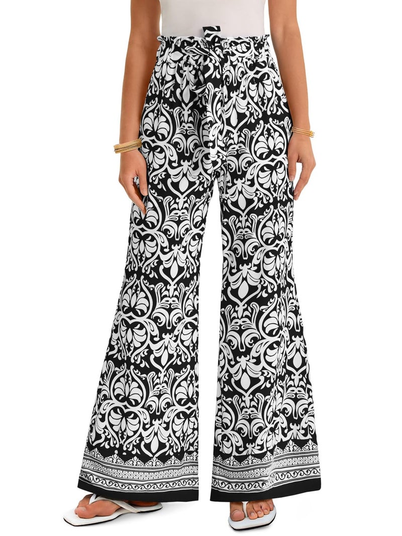 Yousify Wide Leg Boho Pants for Women High Waisted Printed Palazzo Pants Casual Flowy Tie Knot Vacation Trousers with Pockets Black - Image 1
