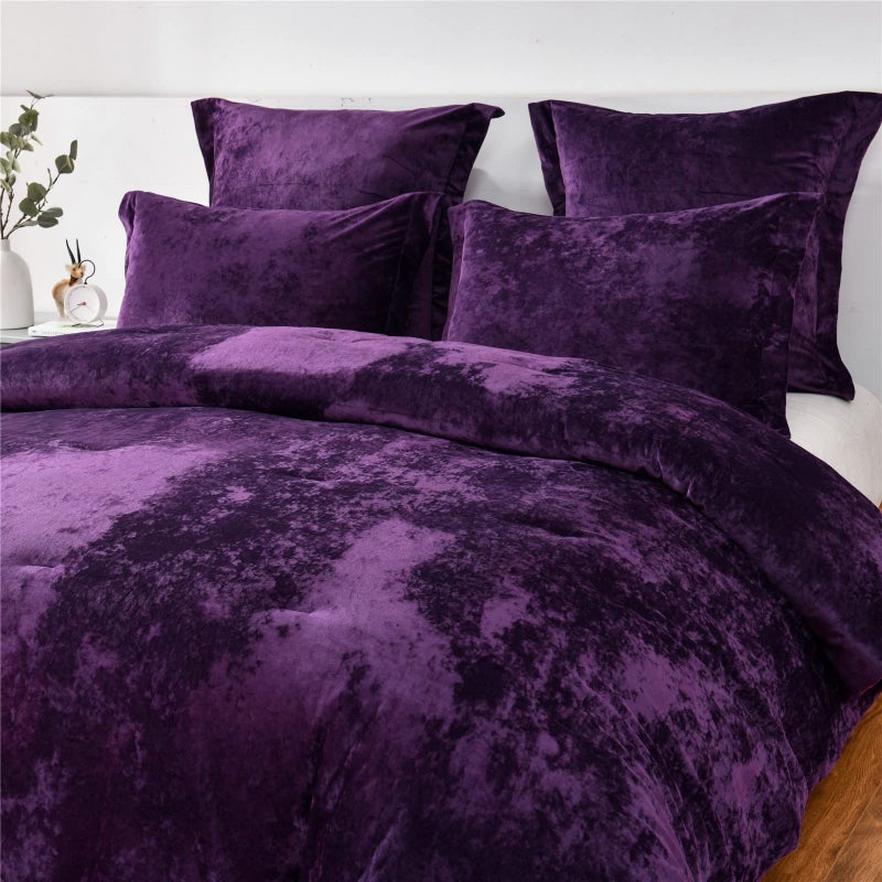 Sunshine Nicole Distressed Velvet Comforter Set, Distressed Velvet Face and Brushed Solid Microfiber Reverse, with Light Weight Soft Poly Fill, 5 Pieces Purple, King - Image 2