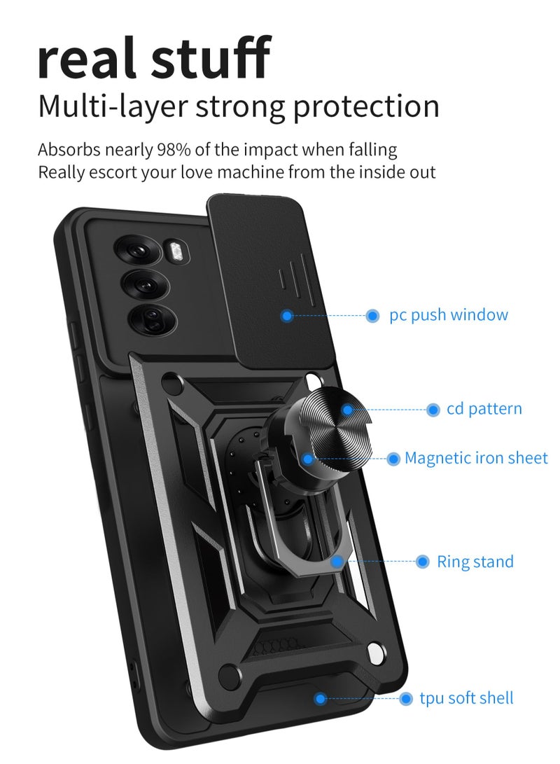 OPPO Reno12 5G Case Cover, Slide Camera Lens Cover + 360°Rotating Kickstand Ring + Support Magnetic Car Mount Shockproof Mobile Phone Case For OPPO Reno12 5G, Black - Image 3